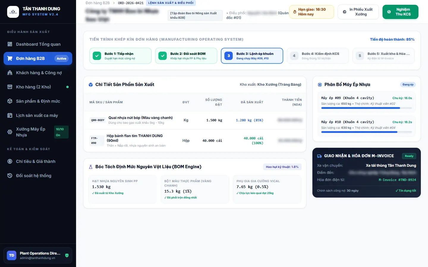 PlasticApp B2B order workflow with material BOM, machine allocation, KCS acceptance, dispatch, and M-Invoice