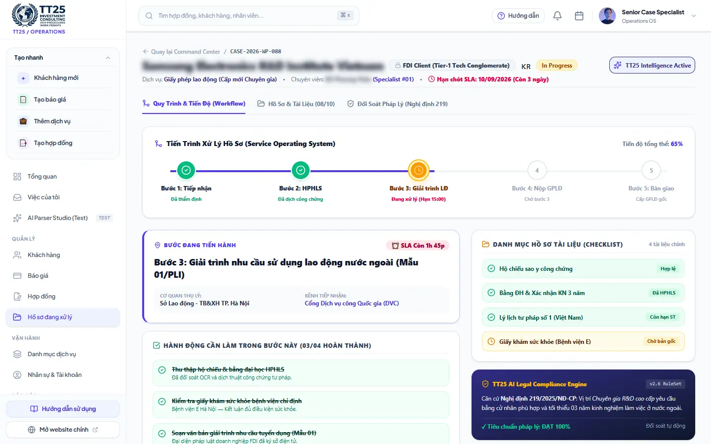 TT25 five-stage case workflow with document checklist and AI legal compliance engine