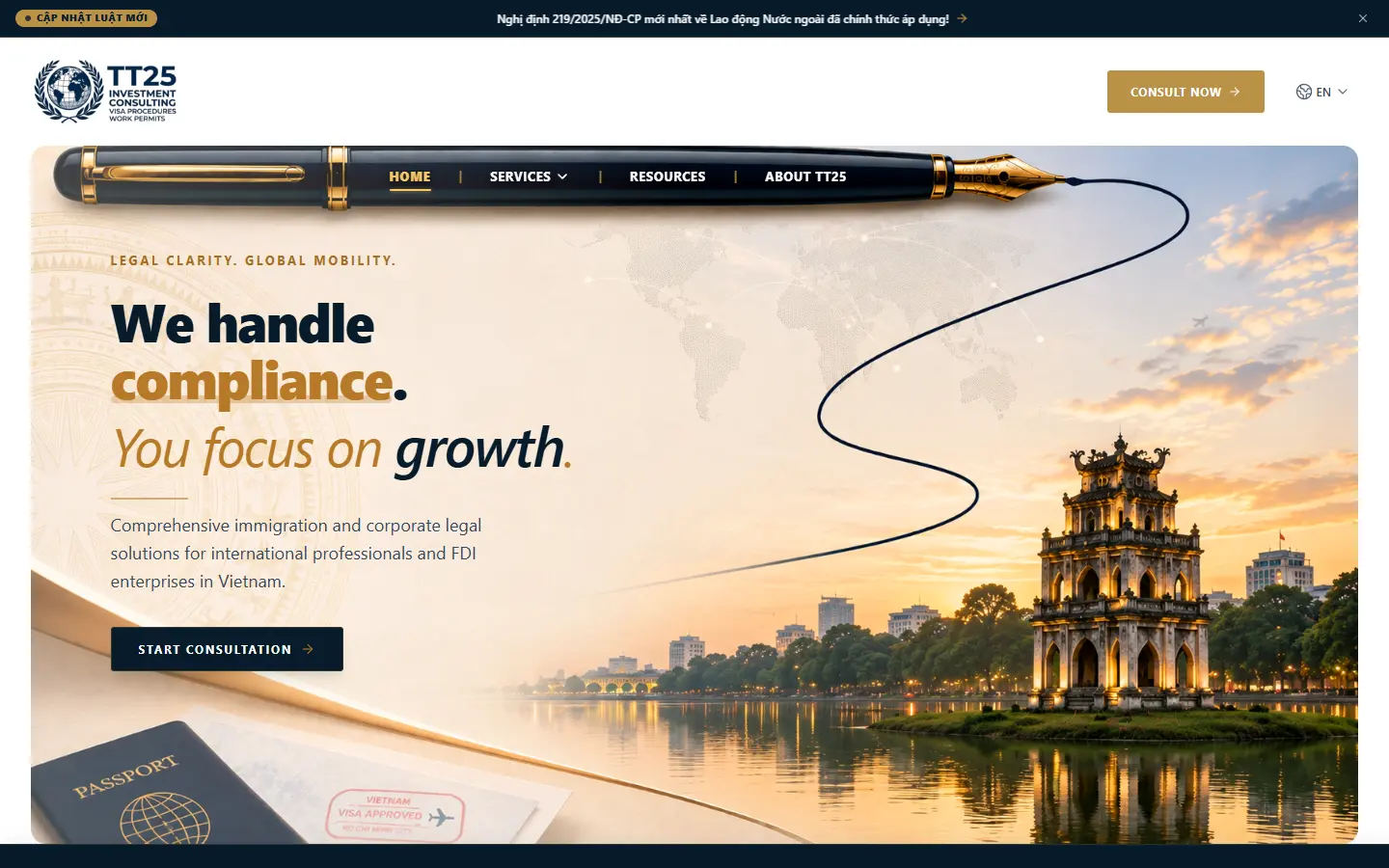 TT25 public website hero presenting legal and immigration services