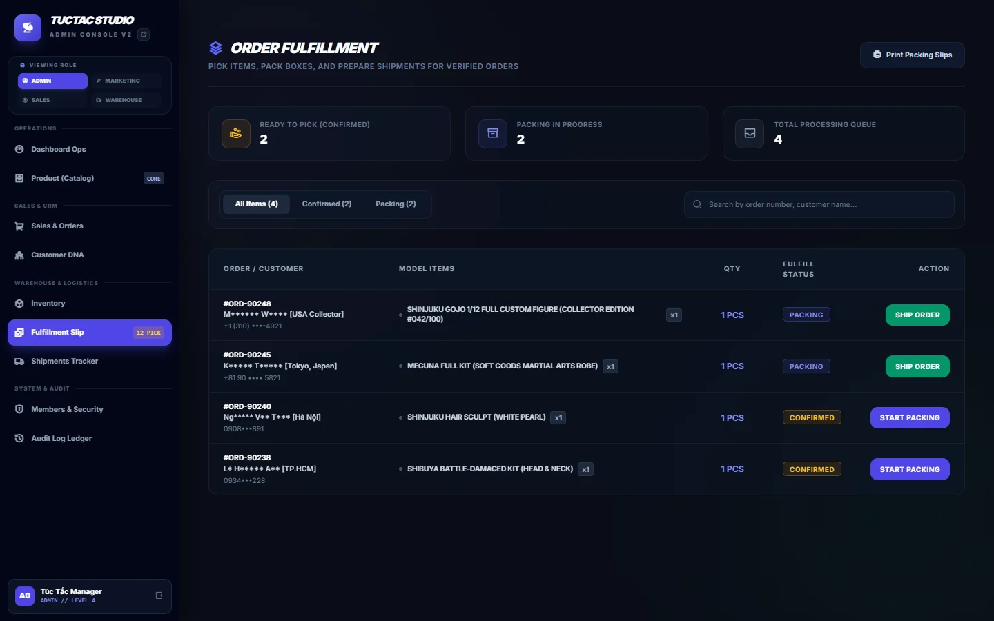 TUCTAC Admin order fulfillment queue showing confirmed and packing orders with shipment actions